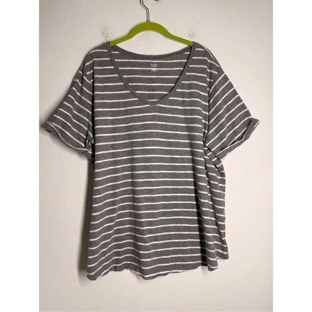 a.n.a. Women's V Neck Short Sleeve T Shirt Gray White Stripe  Size 1X Cotton